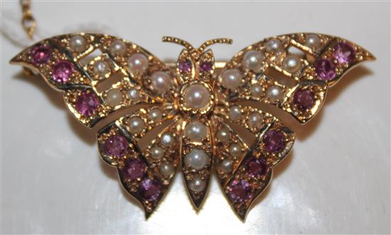 9ct gold ruby and seed pearl-set butterfly brooch, with safety chain